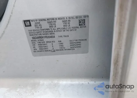 2015 Chevrolet Silverado 1500 1Lt из США, поврежденный, VIN 3GCUKREH1FG304604